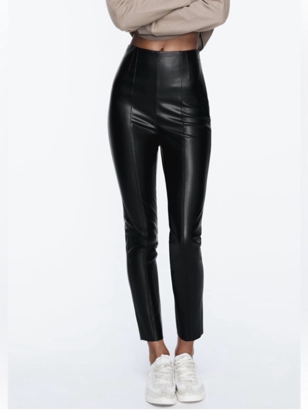 Zara High-Waist Faux Leather Slim Pants - Black